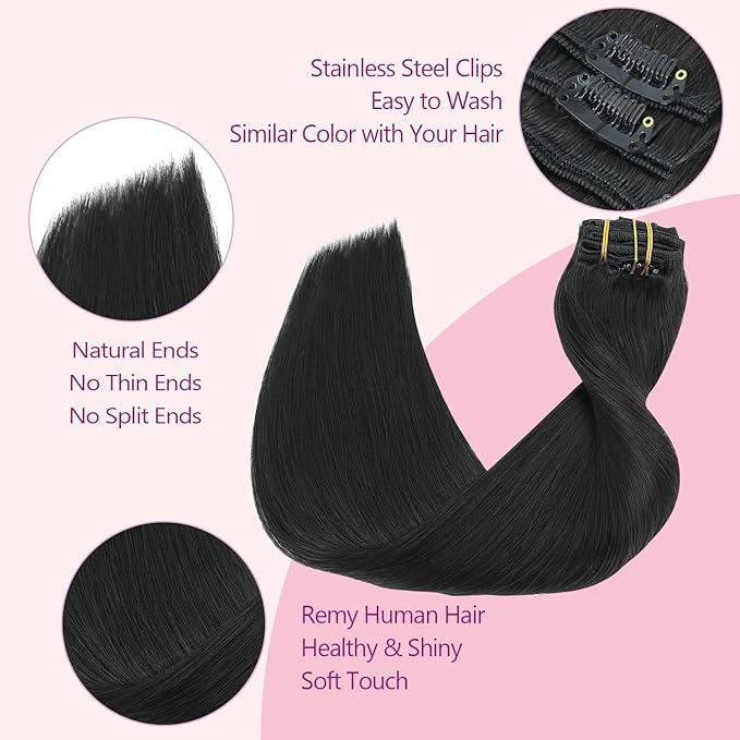 PINKPEARL Clip in Human Hair Extensions #1B Natural Black Clip in Hair Extensions Real Human Hair 14 inch Remy Hair 120g 7pcs Straight Natural Human Hair Clip ins(#1B-14)