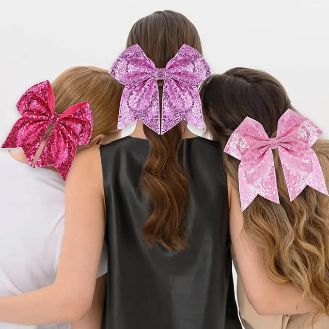 Large Big 7 Inch Glitter Bow Clip Sequin Bling Party Hair Accessories for Women Teens Girls Kids 3 Pcs (HotPink, Light Purple, Pink)