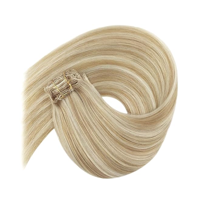 Ve Sunny Human Hair Clip in Hair Extensions Highlights Hair Extensions Real Human Hair Clip ins Caramel Blonde with Platinum Blonde Clip in Hair Extensions Human Hair 14 Inch 7pcs 100g