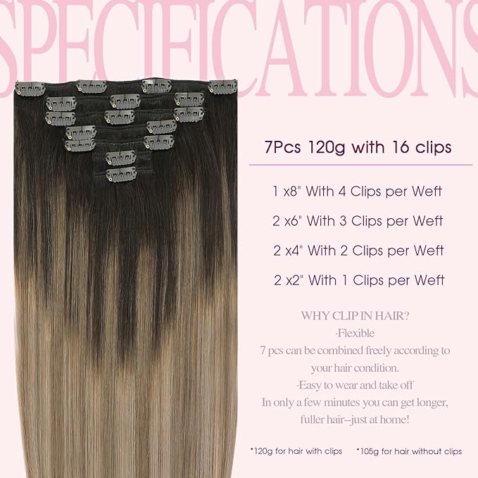 PINKPEARL Clip in Hair Extensions Real Human Hair #2/6/18 Balayage Dark Brown to Chestnut Brown and Ash Blonde 7pcs 120g 22inch Ombre Remy Human Hair Extensios Clip ins(#2/6/18-22)
