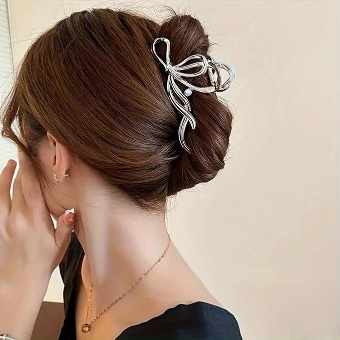 Metal Bow Hair Clips Bow Hair Claw Clips with Pearl Large Bowknot Claw Clip Strong Hold Nonslip Hair Jaw Clip for Thin Thick Hair Stylish Hair Accessories for Women Silver
