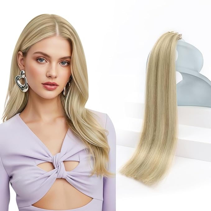 Sunny Hair Tape in Hair Extensions Real Human Hair Invisible Remy Hair Extensions Tape ins for Women Dark Blonde Highlights Light Blonde 20 inch 20Pcs 50G