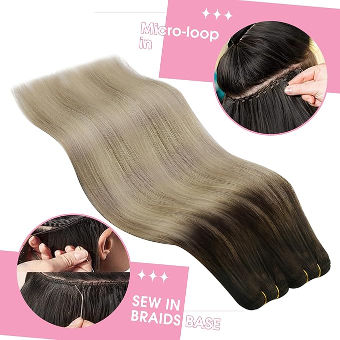 YoungSee Sew in Hair Extensions Real Human Hair 22Inch Ombre Blonde Double Weft Human Hair Extension Brown Roots to Gold Blond Mix Platinum Blonde Hair Extensions Sew in for Long Hair 100G