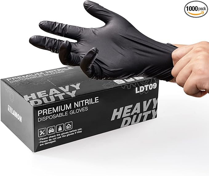 LANON 6-mil Black Nitrile Disposable Gloves, Food-Safe, Powder-Free, Heavy-Duty, Textured Fingertips, Latex-Free, Large