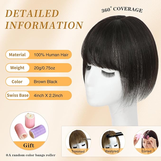 NAYOO Hair Toppers for Women Real Human Hair, 360° Cover Clips in Full Fringe Fake Bangs Hair Pieces for Women Girls Daily Wear(Brown Black)