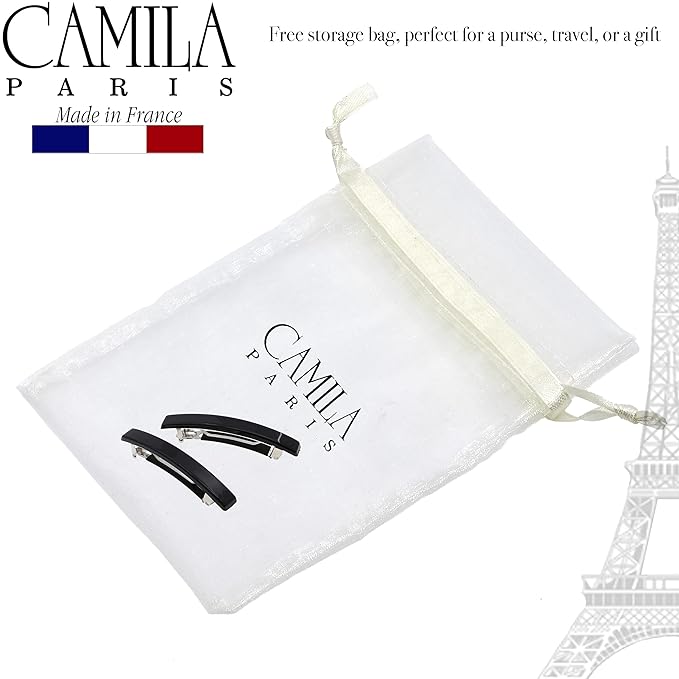 Camila Paris AD2/2 French Hair Barrette Clip for Girls, Set of 2 Black Small Rubberized Metal Clasp Strong Hold Grip Hair Clips for Women, No Slip Styling Girls Hair Accessories, Made in France