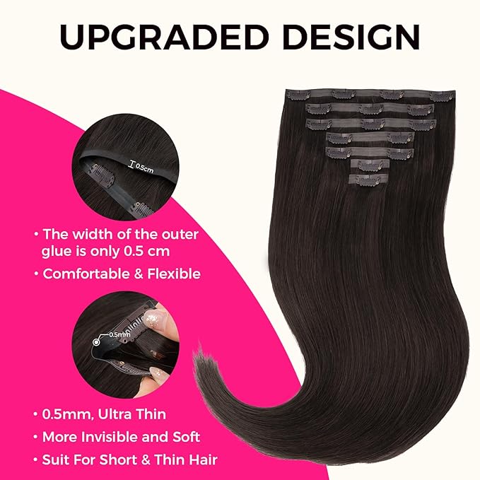 Lashey Seamless Clip in Hair Extensions Human Hair 7pcs 110g Straight Remy Hair, 18 Inch #2 Dark Brown Hair Extensions with PU Skin Weft for Women