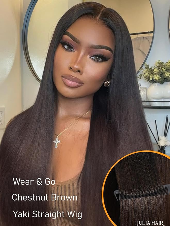 Julia Hair Chestnut Brown Ombre Yaki Straight 7x5 Pre Cut HD Lace Put On and Go Wig Bye Bye Knots Glueless Human Hair Wigs with Invisi Drawstring Pre Plucked Bleached Knots Beginner Friendly 18 Inch