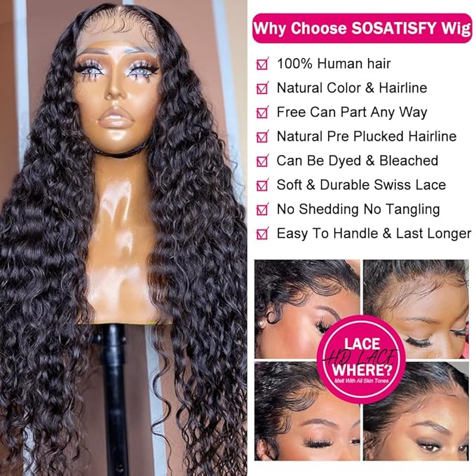 SOSATISFY Deep Wave Lace Front Wigs Human Hair 4x4 HD Transparent Lace Closure Wigs Glueless 180% Density Human Hair Wigs for Black Women Pre Plucked with Baby Hair (22 inch)