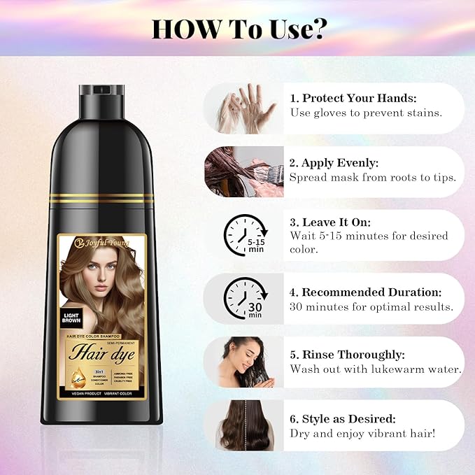 Natural Color Hair Dye Shampoo 3 IN 1, Instant Hair Coloring, Gray Coverage for Men & Women, Beard Dye Vegan Ammonia Free & Paraben-Free, Champú Para Canas Mujer & Hombre (LIGHT BROWN)