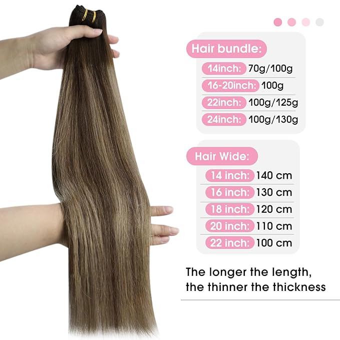 YoungSee Sew in Hair Extensions Real Human Hair Balayage Human Hair Weft Extensions Dark Brown Mix Caramel Blonde Balayage Hair Extension Sew in for Women 18inch 100g
