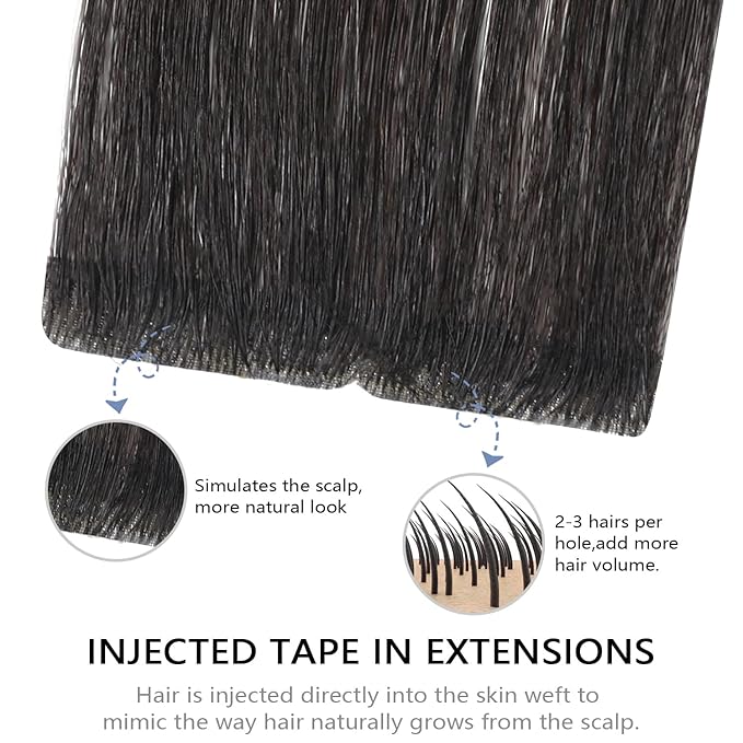 COOKAYU Invisi Edge Tape in Extensions Human Hair, Natural Black Seamless Injected Tape Ins Remy Hair 16Inch 35g 20pcs Straight Extensions Silky Smooth