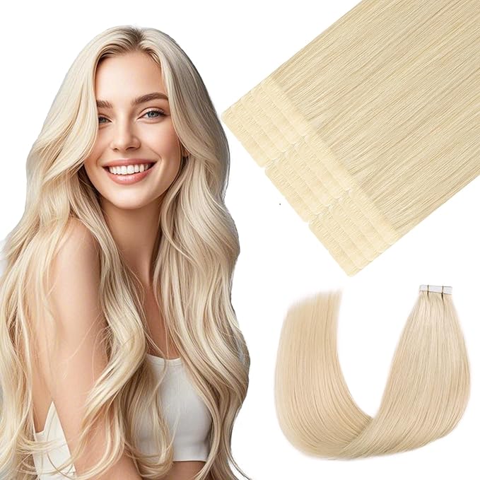 Youngsmile Injection Tape in Hair Extensions Human Hair #60 Platinum Blonde 20pcs 35g 16 Inch Injected Tape in Hair Extensions Real Human Hair (#60,16'')