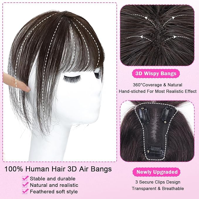 Hair Toppers for Women Real Human Hair 3D Cover Topper with Bangs Hair Extensions Clip in Bangs for Daily Wear Dark Brown #2 Color