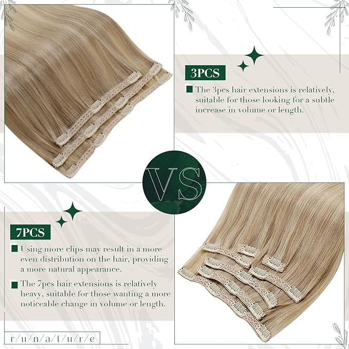 RUNATURE Clip in Hair Extensions Real Human Hair Blonde, Short Straight Human Hair Clip in Extensions, Natural Hair, Can Be Styled, 12 Inch 50g 3pcs #16P22 Beige Blonde Highlights