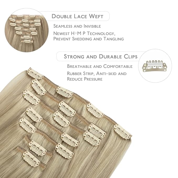 WENNALIFE Clip In Human Hair Extensions, 20 Inch 120g 7pcs Ash Blonde to Golden Blonde and Platinum Blonde Ombre Clip in Human Hair Remy Clip in Hair Extensions Real Human Hair Double Weft