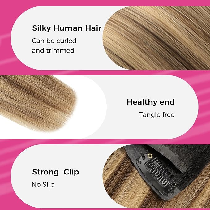 Lashey Seamless Clip in Hair Extensions Human Hair 4pcs 37g 14 Inch Straight Ombre Balayage Ash Brown Highlighted Honey Blonde with Natural Black Dark Roots