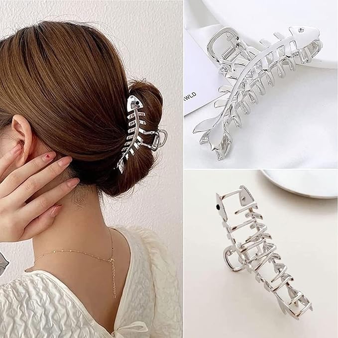 Fishbone Hair Clips Claw Non-Slip Fish Shaped Hair Claw Clips for Women and Girls - Big Metal Fishbone Hair Jaw Clamps for Secure Hair Styling and Accessories (Silver Fishbone)