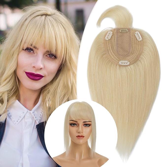 Rich Choices Real Human Hair Topper With Bang for Women - 100% Remy Hair for Thinning Hair, Clip in Silk Base, 10 Inch #613 Bleach Blonde