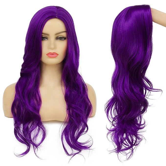 Baruisi Long Curly Wavy Purple Wigs for Women Side Part Natural Looking Cosplay Synthetic Heat Resistant Replacement Wig