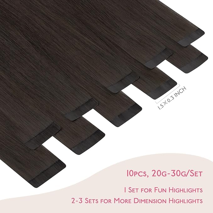 WENNALIFE Tape in Hair Extensions Human Hair Dark Brown Tape in Extensions, 10pcs 30g 22 inch Remy Invisible Tape Ins Straight Colored Soft Real Human Hair Tape in Extensions Refill Set Extensions