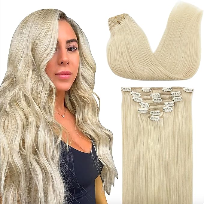 GOO GOO Clip in Hair Extensions Real Human Hair, Remy Human Hair Extensions Clip ins for Women, Natural Human Hair, 20inch 160g 7Pcs, #60A Platinum Blonde