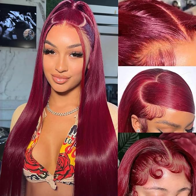 99J Burgundy Lace Front Wigs Human Hair 200 Density Straight 13x6 HD Transparent Lace Frontal Wigs Human Hair Pre Plucked Glueless Red Color Human Hair Lace Front Wigs for Women 32 Inch