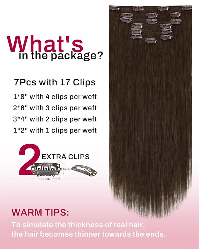 Moresoo Medium Brown Clip in Hair Extension Double Weft Real Hair Extensions Clip in Human Hair Brown Full Head Set #4 7pcs 120G 20 Inch