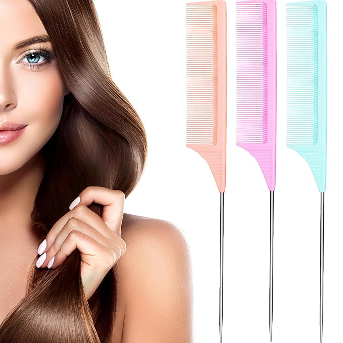 Leinuosen 3 Packs Rat Tail Comb Steel Pin Rat Tail Carbon Fiber Heat Resistant Teasing Combs with Stainless Steel Pintail (Light Blue, Light Pink, Light Purple)