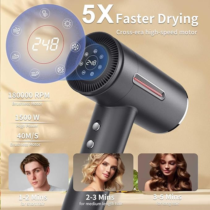 Hair Dryer, 180000 RPM High-Speed Brushless Motor, 1 Min Fast Drying & No Heat Damage, 600 Million Negative Ions with Concentrator & Diffuser, Salon-Level 7 Temp / 3 Speed, HD Digital Screen,Gunmetal