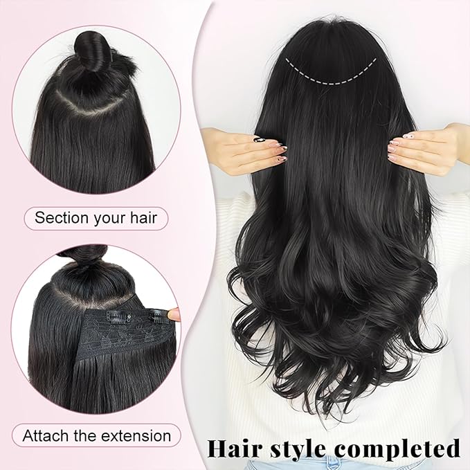 ALXNAN Long Wavy Hair Extensions for Women, Clip in Hair Extensions Clip Ins Soft Full Head Synthetic Hairpieces 20 Inch Black Hair with Red Highlights