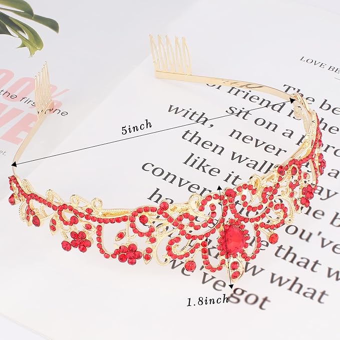 Didder Gold Tiaras for Women, Red Rhinestones Tiaras and Crowns for Women Elegant Princess Crown with Combs Tiaras for Girls Wedding Crowns for Brides Women's Headbands Prom Birthday Party