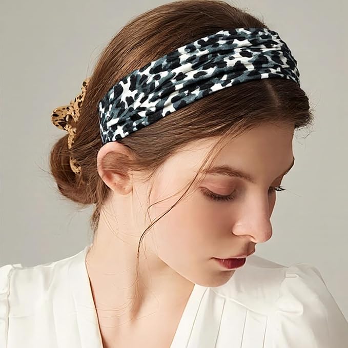 5 Pack Sport Headbands for Women - Including Leopard Headbands for Women, Elastic Soft Fabric Non-Slip Hair Bands & Hair Wraps for Daily Workout, Yoga, Running & Sports