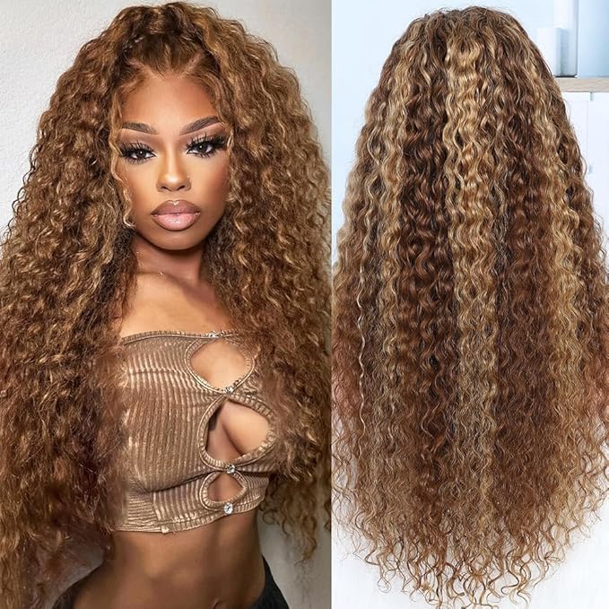 Hidden Strap 360 Water Wave 220% Density Honey Blonde Deep Curly Human Hair wig Ombre Deep Wave 4/27 Highlight Lace Front Wigs Pre Plucked Wet And Wavy Water Wave Wig for Women 18 Inch