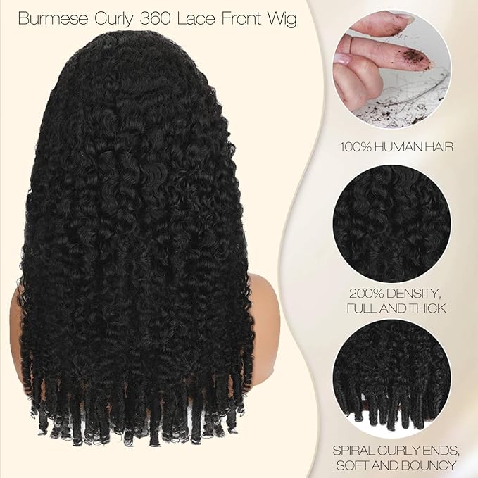 Burmese Curly Human Hair Wig with Spiral End 200% Density 360 Full HD Lace Front Wigs Human Hair Water Wave Wigs for Women 20Inch Pre Plucked with Baby Hair Tiny Knots Natural Black