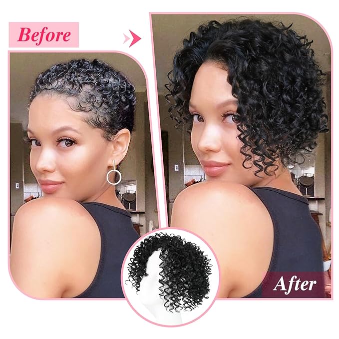 Natural Afro Kinky Curly Short Hair Toppers With Bangs - Clip in Synthetic Wiglets for Men and Women With Thinning Hair - Instant Volume and Style (Black Brown)