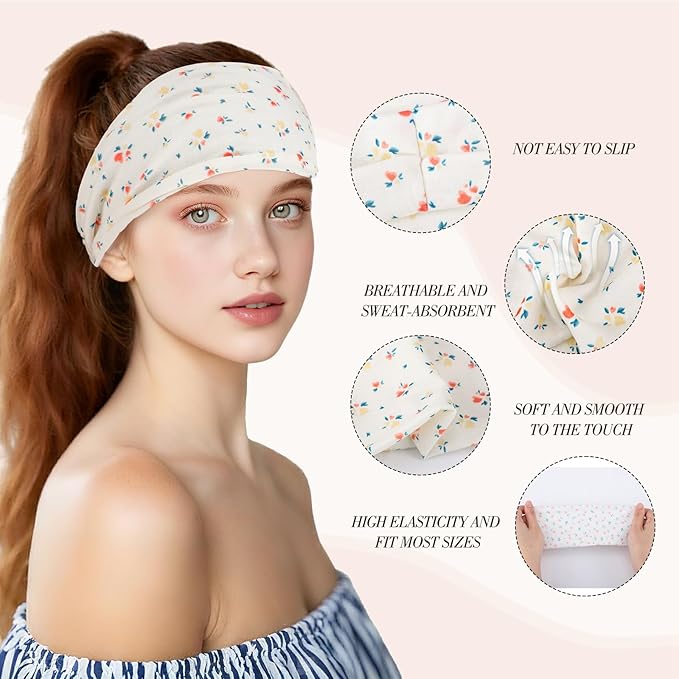 obeoby Boho Headbands for Women, 8 Pack Pink Floral Printed Headbands Non Slip for Girls Valentines Day Outfit Wide Headband for Daily Use Yoga Running