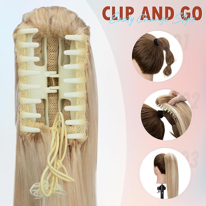 Hairro Ponytail Hair Extensions Claw Clip In Ponytails Jaw On Ponytail Extensions 100% Real Human Hair Long Straight Jaw/Claw Clips Pony Tail Hairpieces For Women 18 Inch 115g #613 Light Blonde