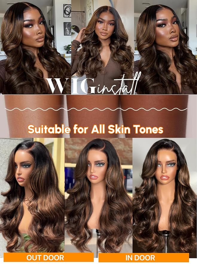 Julia Hair Bye Bye Knots Glueless Wig Highlight Balayage Brown Body Wave 7x5 Pre Cut HD Lace Front Wigs Human Hair Pre Plucked Bleached Knots Pre Everything Ready To Go Ombre Wig 26 Inch