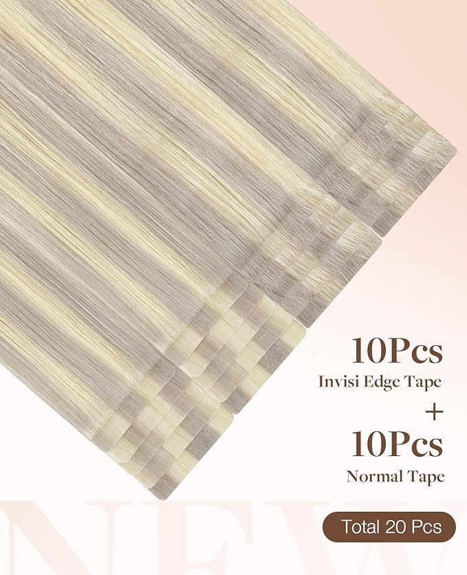 GOO GOO Invisi Edge Tape in Hair Extensions Human Hair, 17/22/60 Balayage Ash Blonde to Golden Blonde and Platinum Blonde 10pcs injected with 10pcs classical tape ins, 16inch 50g, Virgin Remy Hair