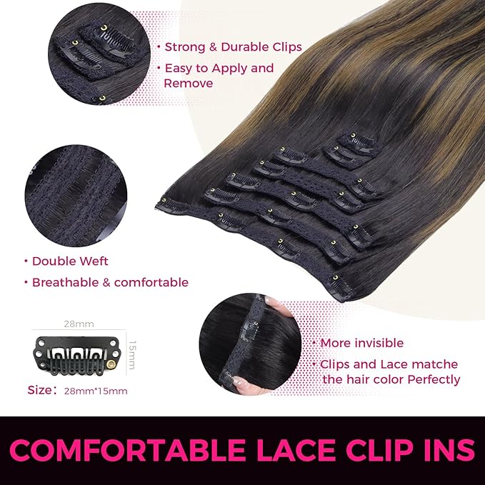 Lashey Clip in Hair Extensions Straight 7pcs 120g Human Hair Clip in Extensions Natural Black Mixed Chestnut Brown Real Human Hair Extensions for Black Women 20 Inch