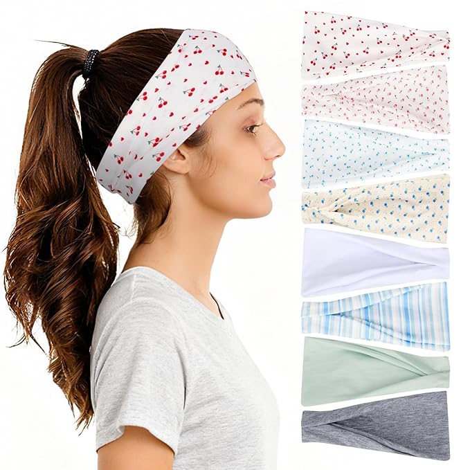 obeoby Boho Headbands for Women, 8 Pack Floral Cherry Headbands Non Slip Fashion Wide Headband Hair Wrap for Teen Girl Gifts Trendy Stuff