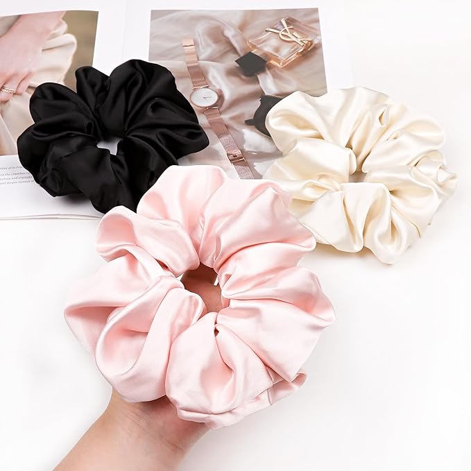 3 Pcs Large Silk Satin Scrunchies - Extra Big, Both for Thick or Thin Hair, No Crease Jumbo Ponytail Holder, No Hurt Your Hair for Sleep