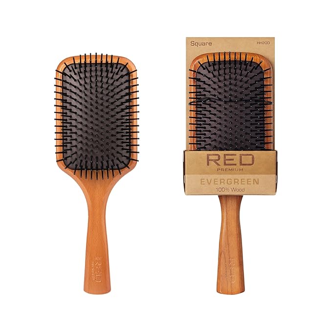 Red by Kiss Evergreen Wooden Square Paddle Hair Brush, 100% Beechwood, Long Bristles, Detangling, For All Hair Types, Sustainable, Painless Detangling, Air Ventilation Hole, Wet Dry Hair, Unisex
