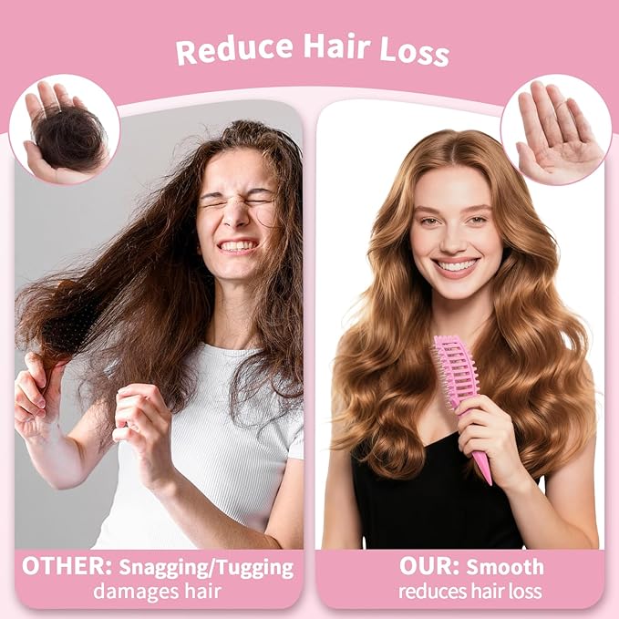 Curl Defining Brush, 4-in-1 Curly Hair Brush – Flexible Styling Brushes for Women and Men, Curls Detangling Hairbrush Featuring a Crescent Shape and Ultra-Smooth Bristles for Wet & Dry Hair - Pink