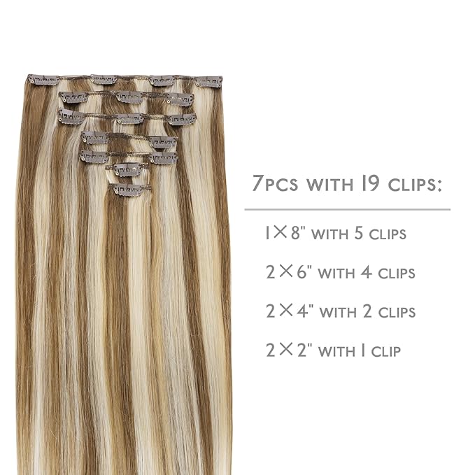 WENNALIFE Clip in Hair Extensions Real Human Hair, 22 Inch 120g 7pcs Ash Brown with Platinum Blonde Highlights Hair Extensions Clip in Human Hair Remy Straight Natural Extensiones