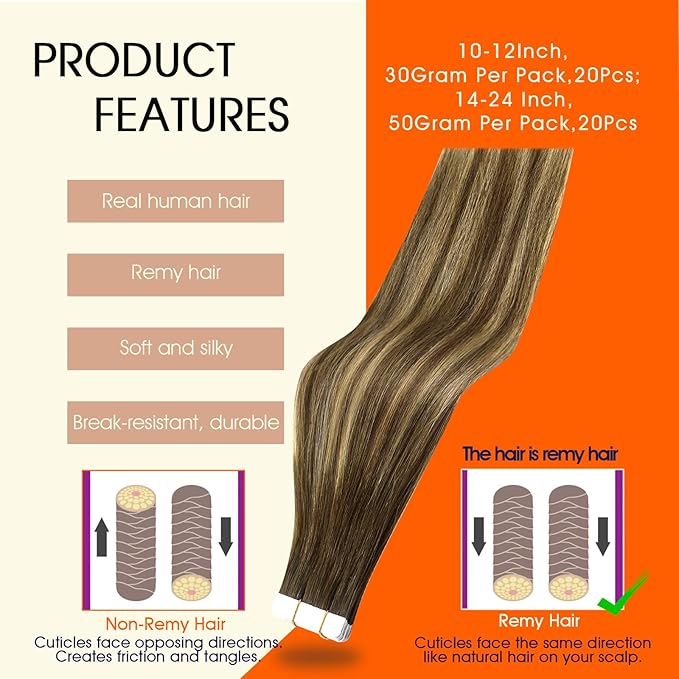 Full Shine Tape in Extensions Color 4/24/4 Balayage Brown And Blonde Tape in Hair Extensions Human Hair 18Inch Double Sided Adhesive Extension Invisible Skin Weft 100G 40Pcs
