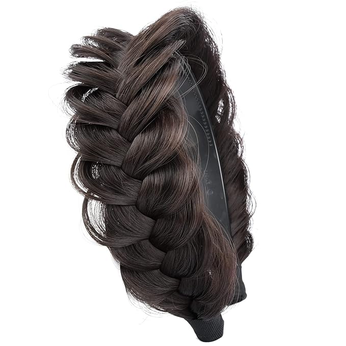DIGUAN Wide Messy Braided Headband With Teeth Synthetic Hair Plaited Headband High Elasticity Braids Chunky Fishtail Braided Hair Band Hairpiece for Girls Women (Dark Chocolate)