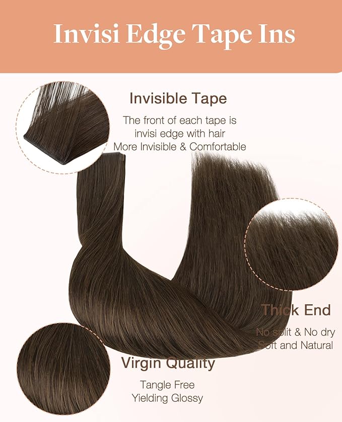 GOO GOO Invisi Edge Tape in Hair Extensions Human Hair, 2A Light Brown 10pcs injected with 10pcs classical tape ins, 20inch 50g, Virgin Remy Hair, Natural Look