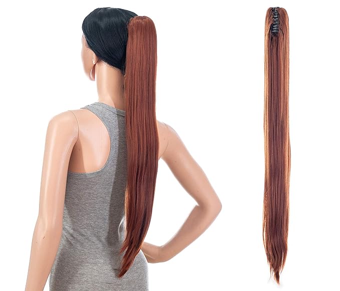 SWACC 28-Inch Long Straight Claw Clip Ponytail Extensions Synthetic Hair Extensions Ponytail Jaw Clip Hair Pieces for Women (Dark Copper Red)